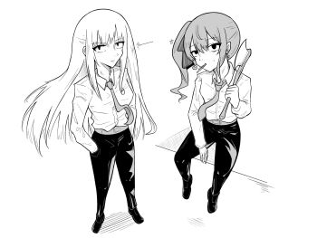 2girls ^^^ axe bow collared_shirt commentary dress_shirt fong_(fongthe0125) greyscale hair_bow hand_in_pocket highres holding holding_axe hololive hololive_english hoshimachi_suisei long_hair long_sleeves looking_at_viewer monochrome mori_calliope mouth_hold multiple_girls necktie pants shirt side_ponytail simple_background sitting standing striped_bow very_long_hair virtual_youtuber white_background