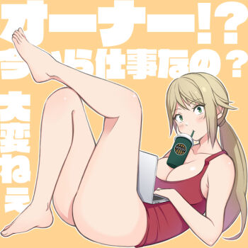 1girl amy_(doa) barefoot blonde_hair breasts collarbone commentary computer cup dead_or_alive disposable_cup drinking_straw from_side green_eyes konishiki_(52siki) laptop large_breasts leg_up looking_at_viewer lying mouth_hold on_back orange_background red_tank_top simple_background solo tank_top translation_request