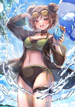 1girl :d arm_up beach_umbrella bikini black_bow blush bow brown_hair collarbone commentary commission cowboy_shot cup day double_bun english_commentary eyewear_on_head girls&#039;_frontline green_bikini hair_bow hair_bun highres holding holding_cup jacket long_sleeves looking_at_viewer mixed-language_commentary navel open_clothes open_jacket open_mouth outdoors p90_(girls&#039;_frontline) red_eyes sakura_(39ra) short_hair skeb_commission smile solo sunglasses swimsuit umbrella water