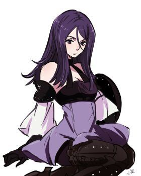 1girl bare_shoulders drag-on_dragoon drag-on_dragoon_3 dress kokomi_(aniesuakkaman) looking_at_viewer purple_dress purple_eyes purple_hair solo three_(drag-on_dragoon)