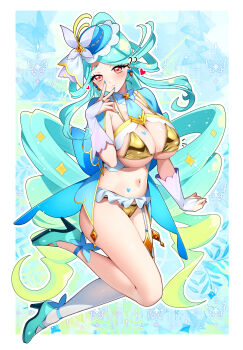 Rule 34 | 1girl, ?, ??, absurdres, alternate breast size (larger), animal print, aqua hair, asymmetrical legwear, bikini, blue necktie, blush, breasts, bridal gauntlets, butterfly hat ornament, butterfly print, cleavage, commentary, cure eclair, frown, gold bikini, gradient hair, green hair, hat, hat ornament, heart, high heels, highres, large breasts, long hair, looking at viewer, meitantei precure!, midair, mismatched legwear, multicolored hair, navel, necktie, orange eyes, ponytail, precure, rumo, single thighhigh, solo, swimsuit, thighhighs, untranslatable commentary, v, v over mouth, very long hair