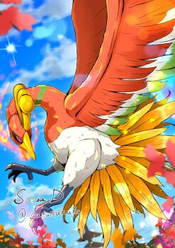 animal_focus beak bird breath_weapon breathing_fire cloud cloudy_sky commentary english_commentary fire gen_2_pokemon highres ho-oh legendary_pokemon nintendo no_humans open_mouth outdoors pokemon pokemon_(creature) pokemon_focus red_eyes sawa_d sky talons wings