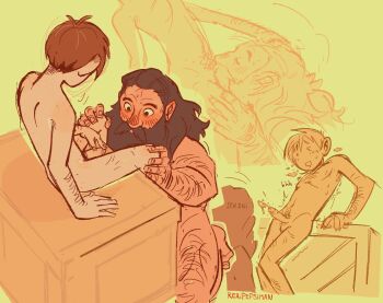 2boys bara beard blush brown_hair chilchuck_tims collage completely_nude couple crate dungeon_meshi dwarf facial_hair fat fat_man fellatio full_beard hairy highres long_beard male_focus mature_male multiple_boys mustache nude oral reaipepsiman senshi_(dungeon_meshi) sitting size_difference skinny thick_arm_hair thick_beard thick_eyebrows thick_leg_hair thick_mustache very_hairy very_long_beard yaoi