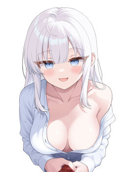 1girl absurdres blue_eyes blush breasts character_request collarbone commentary_request copyright_request downblouse fangs from_above highres large_breasts long_hair long_sleeves looking_at_viewer no_bra off_shoulder open_mouth partially_unbuttoned rim_(rimmon2438) shirt simple_background smile solo straight_hair tsurime upper_body virtual_youtuber white_background white_hair white_shirt