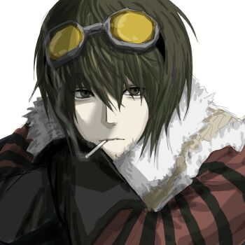 Rule 34 | 1boy, cigarette, closed mouth, commentary, death note, fur-trimmed jacket, fur trim, gloves, goggles, goggles on head, green eyes, green hair, gwakchili, hair between eyes, jacket, long sleeves, looking at viewer, male focus, matt (death note), red shirt, shirt, short hair, simple background, smoke, smoking, solo, striped clothes, striped shirt, white background