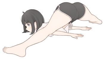 1girl 1ssakawaguchi absurdres ahoge ass barefoot black_hair black_shorts blue_eyes blush bob_cut commentary dolphin_shorts english_commentary feet flexible foreshortening from_side highres ichika_(1ssakawaguchi) legs lying on_stomach original profile shirt short_hair short_shorts short_sleeves shorts simple_background solo split toes top-down_bottom-up white_background white_shirt