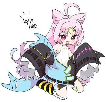 1girl :d ahoge bandaged_leg bandages bare_shoulders black_jacket blue_hair blue_jacket chibi collarbone commentary_request cone_hair_bun copyright_request dated full_body gradient_hair hair_bun hair_ornament hairclip happy_birthday jacket kneeling long_hair looking_at_viewer miranofuudoria multicolored_hair off_shoulder one-piece_swimsuit open_clothes open_jacket open_mouth parted_bangs pink_hair purple_eyes simple_background smile solo swimsuit swimsuit_under_clothes very_long_hair virtual_youtuber white_background white_one-piece_swimsuit