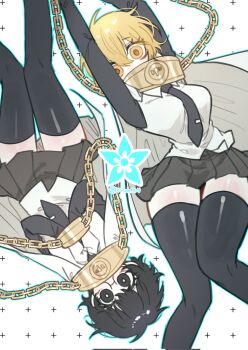 1girl black_eyes black_hair black_thighhighs blonde_hair blue_outline breasts don_quixote_(project_moon) glasses hashtag-only_commentary highres index_(identity)_(project_moon) large_breasts limbus_company long_sleeves looking_at_viewer miniskirt necktie orange_eyes outline pleated_skirt pmchell_04 project_moon short_hair simple_background skinny skirt small_breasts sora_(project_moon) thighhighs