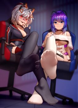 2girls bandage_on_face bandages bandaid bandaid_on_face bandaid_on_nose black_hoodie black_socks blue_eyes blue_hair blue_nails blush breasts choker cleavage commentary dark_persona dual_persona english_commentary feet foot_focus hair_ornament highres hood hoodie kairunoburogu large_breasts looking_at_viewer melody_(projektmelody) melware_(projektmelody) multicolored_hair multiple_girls open_mouth ponytail purple_hair red_eyes red_nails short_hair sitting smile socks soles streaked_hair thighhighs third-party_source toes triangle_hair_ornament underboob virtual_youtuber vshojo white_hair white_socks