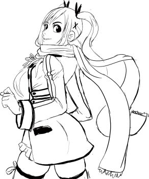 Rule 34 | butt crack outline, coat, dead or alive, dress, hair ornament, hair ribbon, hairclip, highres, long hair, looking at viewer, looking back, marie rose, ribbon, scarf, short dress, sketch, teevo, thighs, twintails