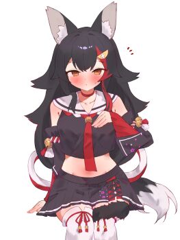 1girl absurdres animal_ear_fluff animal_ears black_hair black_shirt black_skirt black_sleeves blush choker closed_mouth commentary_request detached_sleeves hair_ornament hairpin hand_on_own_chest highres hololive long_hair multicolored_hair necktie ookami_mio ookami_mio_(1st_costume) red_choker red_necktie red_streaks sailor_collar shirt skirt sleeveless sleeveless_shirt solo streaked_hair tail tail_around_own_leg tepenchi thighhighs very_long_hair virtual_youtuber white_sailor_collar white_thighhighs wolf_ears wolf_girl wolf_tail yellow_eyes
