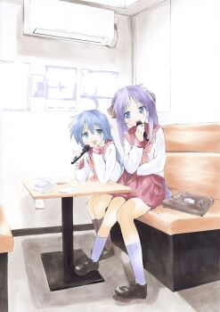 2girls :3 :d ahoge blue_eyes blue_hair briefcase brown_socks commentary_request green_eyes highres hiiragi_kagami holding holding_microphone izumi_konata karaoke karaoke_box kneehighs long_hair lucky_star microphone mole mole_under_eye multiple_girls music open_mouth purple_hair purple_socks ryouou_school_uniform school_briefcase school_uniform shiki_59 singing sitting smile socks twintails