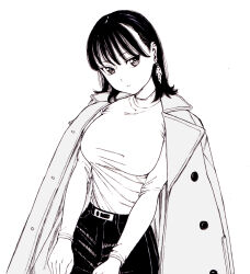 Rule 34 | 1girl, bad id, bad pixiv id, belt, black hair, black pants, breasts, closed mouth, coat, dende (dndn222), earrings, greyscale, hair behind ear, highres, jewelry, large breasts, long sleeves, looking at viewer, medium hair, monochrome, original, pants, scan, scan artifacts, shirt, solo, standing, traditional media, winter clothes, winter coat