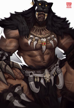 1boy artist_name bara black_panther_(marvel) bone caveman claws copyright_request dark-skinned_male dark_skin facial_hair highres jewelry kaysuoae loincloth male_focus marvel marvel_rivals nipples official_alternate_costume ring skull