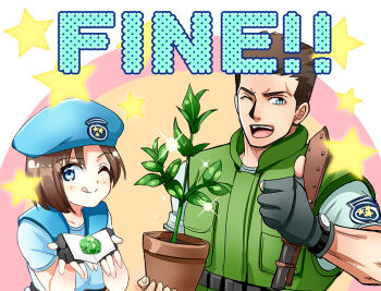 Rule 34 | 1boy, 1girl, beret, black gloves, blue eyes, blue hat, chris redfield, fingerless gloves, gloves, hat, herb, jill valentine, looking at viewer, nagare, one eye closed, open mouth, plant, potted plant, resident evil, resident evil 1, smile, star (symbol), thumbs up, tongue, tongue out