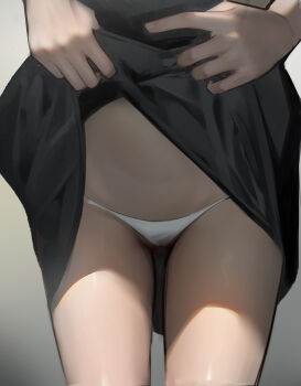 1girl absurdres black_dress chinese_commentary close-up clothes_lift commentary_request crotch_focus dress dress_lift flashing gradient_background grey_background highres lifting_own_clothes lvlv_(wmhc3443) original panties solo standing string_panties underwear variant_set white_panties