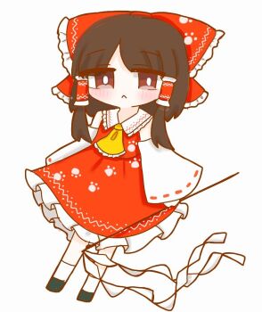 1girl :&lt; anzu_cha709 ascot black_shoes blush blush_stickers bow brown_eyes brown_hair collared_shirt contrast_collar deformed detached_sleeves frilled_hair_tubes frilled_shirt_collar frilled_skirt frills gohei hair_bow hair_tubes hakurei_reimu holding holding_gohei large_bow looking_at_viewer nontraditional_miko official_alternate_costume parted_bangs paw_print red_bow red_shirt red_skirt shirt shoes short_hair simple_background skirt socks solo touhou white_background white_sleeves white_socks wily_beast_and_weakest_creature yellow_ascot