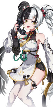 1girl absurdres bare_shoulders black_hair black_shorts breasts commentary_request corded_phone detached_sleeves dialyn_(zenless_zone_zero) dress earrings ekal_001 highres holding holding_phone jewelry medium_breasts multicolored_hair open_mouth phone shorts simple_background smile solo thighhighs thighs two-tone_hair white_background white_dress white_hair white_thighhighs yellow_eyes zenless_zone_zero