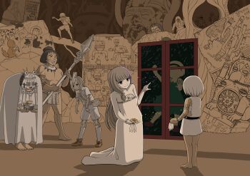 5girls 6+boys absurdres alice_margatroid animal_print apron arm_tattoo asatsuki_(cookie) aztec aztec_calendar aztec_glyphs aztec_mythology belt big_roach_(cookie) black_hairband blush breast_pocket bug cave_paintings character_mask chimchar closed_mouth cockroach collared_shirt commentary_request cookie_(touhou) cow crack cross dark-skinned_female dark_skin drawing dreaming dress drink_carton full_body gen_4_pokemon green_skirt green_vest hair_between_eyes hairband heart helmet hide_(acceed) highres hisui_(cookie) holding holding_poke_ball ichigo_(cookie) insect kaibara_elena_(cookie) kirisame_marisa kneeling konpaku_youmu leaning_forward leopard_print loincloth long_dress long_hair looking_at_another looking_to_the_side machine manatsu_no_yo_no_inmu mario_(series) mars_(cookie) mask mesoamerica metal_hisui_(cookie) milk_(cookie) milk_carton monkey monster moriya_suwako multiple_boys multiple_girls murasa_minamitsu muscular muscular_male naked_apron nazrin nikutai_ha_ojarumaru nintendo nyon_(cookie) olmec_head open_mouth partially_colored patchouli_knowledge pith_helmet pocket pointing pointing_at_another poke_ball pokemon pokemon_(creature) rain remilia_scarlet sakura_(cookie) sarashi sepia shirt shoes short_hair shorts single_eye skirt sleeveless sleeveless_dress smile standing star_(symbol) statue strapless strapless_dress tagme taisa_(cookie) tattoo touhou tsuno_(nicoseiga11206720) vest white_hair window yuuhi_(cookie)