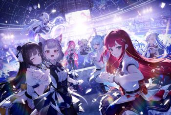 6+girls akane_lize animal_ears aokumo_rin arahashi_tabi artist_request ayatsuno_yuni backlighting black_bow black_dress black_hair blue_eyes blue_hair bow dress everyone glowing green_eyes green_hair grey_eyes grey_hair hair_ornament hairclip hanako_nana highres idol idol_clothes long_hair looking_at_viewer medium_hair multiple_girls neneko_mashiro one_eye_closed pink_hair purple_eyes purple_hair red_eyes red_hair second-party_source shirayuki_hina stage stage_lights stellive tenko_shibuki virtual_youtuber white_dress white_hair yuzuha_riko