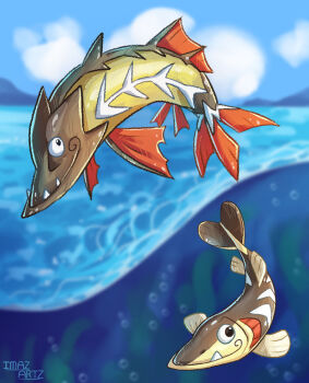 air_bubble animal_focus arrokuda artist_name barraskewda blue_sky blurry blurry_background bubble closed_mouth cloud commentary day english_commentary evolutionary_line fangs full_body gen_8_pokemon imazartz nintendo no_humans pokemon pokemon_(creature) pokemon_focus sky smile water