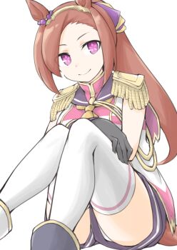 Rule 34 | 1girl, akara kai, animal ears, black gloves, brown hair, commentary, epaulettes, flower in eye, gloves, gold hairband, hairband, high ponytail, highres, horse ears, horse girl, long hair, looking at viewer, ponytail, purple eyes, sakura bakushin o (blossom in learning) (umamusume), sakura bakushin o (umamusume), simple background, smile, solo, symbol in eye, thighhighs, umamusume, white background, white thighhighs