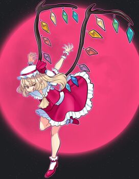 Rule 34 | 1girl, arms behind back, ascot, blonde hair, blood, blood on face, crystal wings, flandre scarlet, frilled skirt, frills, full moon, hat, hat ribbon, highres, leg up, looking at viewer, missandydandy, mob cap, moon, red moon, red ribbon, red shoes, red skirt, red vest, ribbon, shirt, shoes, short hair, side ponytail, skirt, socks, solo, tongue, tongue out, touhou, vest, white shirt, white socks, wings, wrist cuffs, yellow ascot