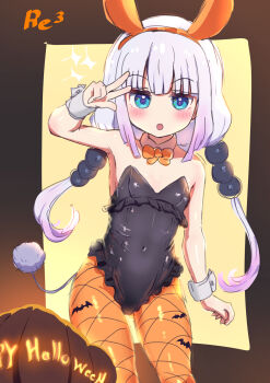 1girl animal_ears arm_up armpits bare_shoulders beads black_leotard blue_eyes breasts covered_navel detached_collar dragon_girl dragon_tail fake_animal_ears frilled_leotard frills hair_beads hair_ornament halloween happy_halloween highres kanna_kamui kobayashi-san_chi_no_maidragon leotard loli long_hair looking_at_viewer low_twintails open_mouth orange_pantyhose pantyhose pink_hair playboy_bunny print_pantyhose pumpkin rabbit_ears reiwa_rerere small_breasts solo strapless strapless_leotard tail thighs twintails v wrist_cuffs