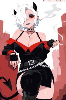 1girl archapxl arm_rest artist_name belt black_belt black_boots black_dress black_gloves black_horns black_nails boots breasts chain cigarette cleavage collar cross cross_necklace demon demon_girl demon_horns demon_tail dress ear_piercing eyeshadow fingerless_gloves gloves hair_over_one_eye helltaker highres horns jewelry large_breasts leg_up looking_at_viewer makeup necklace piercing pixel_art red_eyes sharp_teeth short_hair smoking spiked_collar spikes tail teeth variant_set watermark web_address white_hair zdrada_(helltaker)