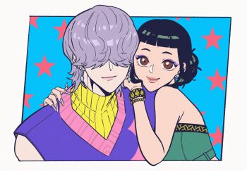 Rule 34 | 1boy, 1girl, black hair, blue background, border, bracelet, brown eyes, commentary request, double bun, earrings, eyeshadow, fingernails, freckles, hair bun, hair over eyes, highres, jewelry, kpop demon hunters, long fingernails, makeup, mystery (kpop demon hunters), oolelele, pink lips, purple eyeshadow, purple hair, short bangs, short hair, sidelocks, sleeveless, smile, star (symbol), sweater, white border, yellow sweater, zoey (kpop demon hunters)