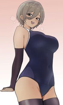 1girl alternate_costume black_gloves black_thighhighs blue_one-piece_swimsuit blush breasts breath brown_eyes brown_hair covered_navel cowboy_shot dark-skinned_female dark_skin double-parted_bangs earrings elbow_gloves girls_band_cry gloves gradient_background hair_between_eyes hanekuri_(nnainain) highres jewelry large_breasts long_hair_between_eyes looking_at_viewer mole mole_under_eye one-piece_swimsuit open_mouth pink_background revision rupa_(girls_band_cry) school_swimsuit short_hair simple_background smile solo standing stud_earrings sweat swimsuit thighhighs