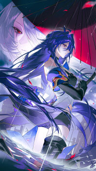 1girl absurdres acheron_(honkai:_star_rail) bare_shoulders black_boots black_gloves black_shorts boots breasts caicaicaicai_ni_caicai chinese_commentary closed_mouth coat commentary_request elbow_gloves from_side gloves highres honkai:_star_rail honkai_(series) long_hair looking_at_viewer looking_to_the_side medium_breasts multiple_views oil-paper_umbrella profile purple_hair rain red_eyes red_petals red_umbrella short_shorts shorts sideways_glance single_thigh_boot thigh_boots thighs umbrella wading white_coat white_hair