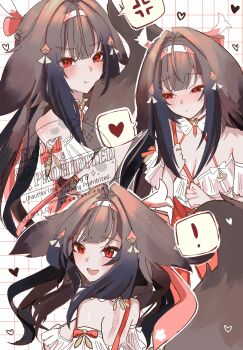 ! 1girl 832cy anger_vein animal_ear_fluff animal_ears armband averting_eyes bare_shoulders blush breasts brown_hair checkered_background cleavage closed_mouth commentary_request cross-laced_clothes cross-laced_top droopy_ears frilled_armband frilled_shirt frilled_shirt_collar frills hairband heart high-waist_skirt highres large_breasts long_hair looking_at_viewer multicolored_hairband multiple_views official_alternate_costume open_mouth red_eyes red_hairband red_skirt shirt shoulder_blades skirt spoken_anger_vein spoken_exclamation_mark spoken_heart very_long_hair white_armband white_background white_hairband white_shirt ye_shunguang ye_shunguang_(touch_of_dawnlight) zenless_zone_zero