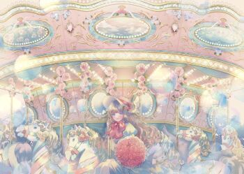 1girl absurdres amusement_park blue_eyes blush bouquet brown_hair carousel classic_lolita commentary dress english_commentary flower gem hat hat_flower highres holding holding_bouquet holding_pole horse horseback_riding lolita_fashion mirror original pastel_colors pole red_flower red_rose ribbon-trimmed_hat riding rose saddle sakuraba_suzu sweet_lolita wavy_hair white_dress white_horse