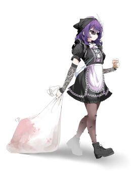 1girl absurdres adelaide_(vtuber) apron beanie black_boots black_dress black_hat blood boots breasts closed_mouth commentary_request cup detached_sleeves disposable_cup dot_mouth dragging dress frilled_dress frills full_body hat highres holding holding_cup holding_sack implied_murder indie_virtual_youtuber looking_ahead maid purple_eyes purple_hair sack saltnvalk short_hair short_sleeves simple_background small_breasts solo sunglasses swept_bangs virtual_youtuber waist_apron walking white_apron white_background