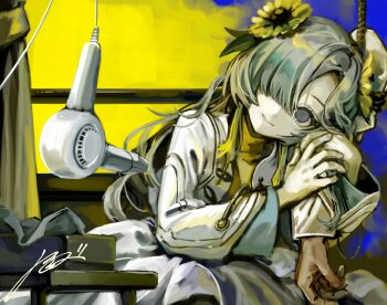 1girl 1other absurdres blue_background closed_mouth colored_skin commentary_request detached_arm dress empty_eyes flower grey_hair hair_dryer hair_flower hair_ornament hair_over_one_eye highres holding_another's_arm isekaijoucho kamitsubaki_studio long_hair looking_at_viewer multicolored_skin rope shrug_(clothing) signature smile solo_focus tomizu two-tone_skin virtual_youtuber white_dress white_shrug yellow_background yellow_dress yellow_flower