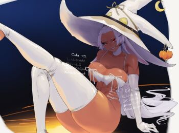 1girl animal_ears artist_name bare_shoulders boku_no_hero_academia breasts cleavage collarbone commentary crescent crescent_hat_ornament dark-skinned_female dark_skin elbow_gloves english_commentary feet_out_of_frame floppy_ears gabriel_carrasquillo gloves halloween_costume hat hat_ornament large_breasts leg_up long_eyelashes long_hair looking_at_viewer mirko parted_bangs pumpkin_hat_ornament rabbit_ears rabbit_girl red_eyes sitting skindentation smile solo thick_thighs thighhighs thighs toned toned_female very_long_hair white_gloves white_hair white_hat witch witch_hat