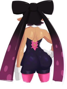 1girl ass back_to_zero bare_shoulders callie_(splatoon) from_behind gloves jumpsuit nintendo pointy_ears sleeveless splatoon_(series) tentacle_hair twintails white_background