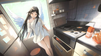 1girl absurdres angel arm_support black_hair bread bread_slice breasts brown_eyes collarbone commentary day english_commentary feathered_wings feet_out_of_frame food fried_egg frying_pan haruri head_tilt highres indoors long_hair milk_carton off_shoulder original refrigerator shirt short_sleeves small_breasts smile solo stool stove tile_wall tiles very_long_hair white_shirt white_wings wings