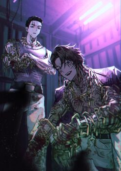 2boys arm_tattoo belt belt_buckle black_belt black_eyes black_hair blood blood_on_clothes blood_on_hands buckle chain chain_necklace chanil_(muexlku) chest_tattoo commentary_request crossed_arms hair_slicked_back heathcliff_(project_moon) highres jewelry korean_commentary limbus_company looking_at_viewer metal_hair_tubes meursault_(project_moon) middle_(identity)_(project_moon) multiple_boys neck_tattoo necklace open_mouth pants project_moon purple_eyes purple_shirt shirt sleeveless sleeveless_shirt smile squatting tattoo white_pants