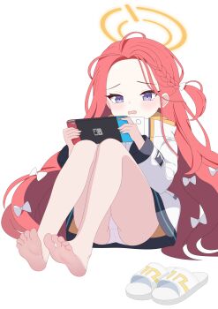 1girl absurdres ass baozi_9527 barefoot blue_archive blush bow braid chinese_commentary commentary_request embarrassed forehead hair_bow halo handheld_game_console highres holding holding_handheld_game_console jacket knees_up long_hair long_sleeves looking_at_viewer mixed-language_commentary multicolored_jacket nintendo_switch no_pants one_side_up open_mouth orange_halo panties power_symbol purple_eyes red_hair sandals simple_background single_braid sitting slides soles solo thighs toes two-sided_fabric two-sided_jacket underwear unworn_sandals very_long_hair white_background white_bow white_jacket white_panties white_sandals yellow_jacket yuzu_(blue_archive)