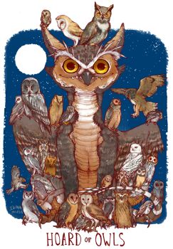 animal animal_on_tail artist_name barn_owl beak bird bird_on_back bird_on_tail blue_background blue_sky border brown_bird closed_mouth colored_sclera creature creature_focus dragon english_text fantasy flying full_moon grey_bird highres iguanamouth looking_at_viewer moon night no_humans original owl perching sharp_teeth sitting sky snowy_owl spines star_(sky) starry_sky teeth too_many too_many_birds white_bird white_border yellow_eyes yellow_sclera