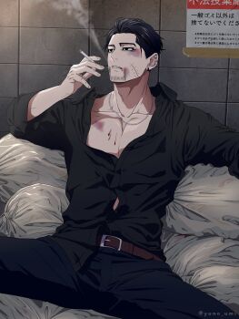Rule 34 | 1boy, belt, black hair, black pants, black shirt, brown belt, bruise, collarbone, facial hair, goatee stubble, golden kamuy, highres, injury, male focus, mature male, ogata hyakunosuke, pants, pectoral cleavage, pectorals, scar, scar on face, shirt, short hair, sitting, smoking, solo, spread legs, stubble, translation request, trash bag, washiko (rasuko)