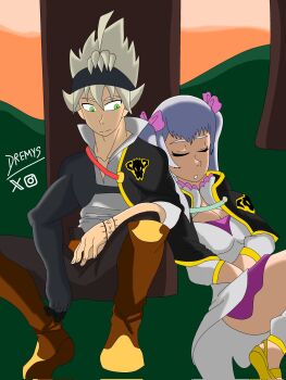 Rule 34 | 1boy, 1girl, artist name, asta (black clover), black clover, breasts, cleavage, highres, instagram logo, instagram username, leaning on person, noelle silva, outdoors, poorly drawn, ribbon, sitting, sleeping, smile, thighs, tree, twintails, twitter username, twitter x logo