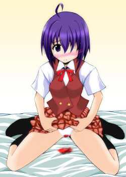 1girl blood blush disembodied_blush female_focus full_body hair_over_one_eye mahou_sensei_negima! menstruation miyazaki_nodoka panties purple_eyes purple_hair solo underwear white_panties