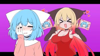 Rule 34 | > <, animal ear fluff, animal ears, blush, bob cut, breasts, collar, crescent moon, embarrassed, facepalm, fang, fang out, flag, fox ears, fox girl, furrowed brow, gradient hair, heart, highres, large breasts, long sleeves, luna (wolfychu), moon, multicolored fur, multicolored hair, multiple girls, pink shirt, purple background, red shirt, shirt, short hair, smile, tank top, wavy mouth, wolf ears, wolf girl, wolfychu, wolfychu (artist)