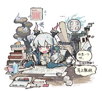 ... 1boy 1other arknights blue_hands bonsai book book_stack calendar_(object) chinese_commentary chinese_text colored_extremities commentary_request dragon_boy dragon_horns eastern_dragon_horns eraser hair_between_eyes holding holding_pen horns liang_(arknights) long_hair male_focus multicolored_hair open_mouth paper pen pink_eyes pointy_ears ruler scroll smile speech_bubble squiggle streaked_hair table thurim6 translation_request upper_body white_background writing yi_(arknights)
