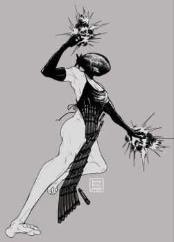 1girl apron armpits barefoot bomb_devil_(chainsaw_man) breasts chainsaw_man commentary dynamite elbow_gloves english_commentary explosion explosive feet gloves greyscale heythisisangle highres medium_breasts monochrome object_head solo toned toned_female