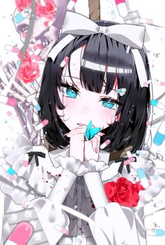1girl black_hair blue_butterfly blue_eyes blush bug butterfly commentary_request eyelashes flower hair_ribbon highres insect long_sleeves open_mouth original ouchi_kaeru own_hands_together pill_hair_ornament pink_nails red_flower red_rose ribbon rose solo upper_body white_ribbon
