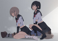 1boy 2girls age_difference black_hair black_skirt black_socks blue_sailor_collar blue_shirt blush brown_eyes brown_hair clothed_sex ekko_(pixiv55368152) femdom girl_on_top implied_sex mole mole_under_eye motion_lines multiple_girls necktie onee-shota open_mouth original pleated_skirt ponytail rape red_necktie restrained reverse_cowgirl_position reverse_spitroast sailor_collar school_uniform serafuku sex shirt short_hair sitting sitting_on_face sitting_on_person skirt socks steaming_body straddling white_shirt white_socks